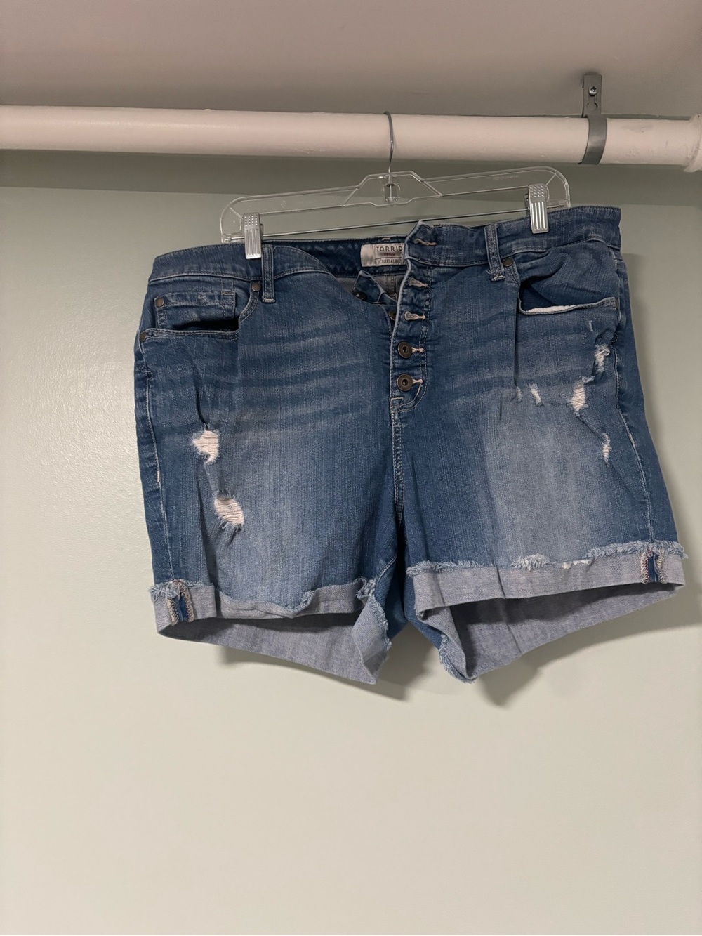 torrid Button-Fly Distressed Jean Shorts in Blue